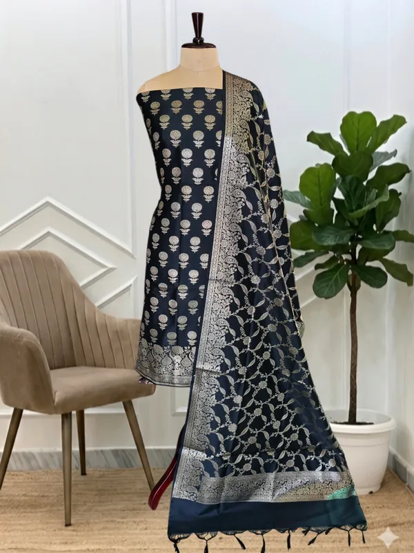 3_Piece_Banarasi_Silk_Suit_With_Black_Banarasi_Silk