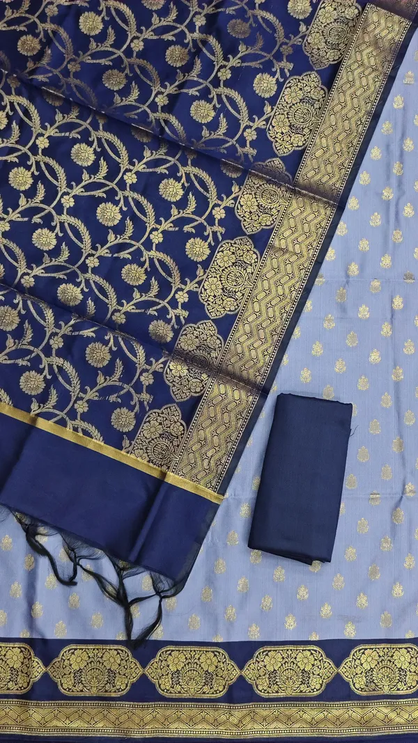 Beautiful_Contrast_Blue_Semi_Silk_3Pcs_Banarasi_Semi_Silk