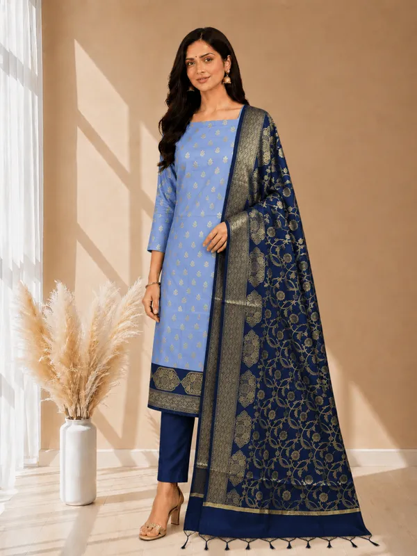 Beautiful_Contrast_Blue_Semi_Silk_3Pcs_Banarasi_Semi_Silk