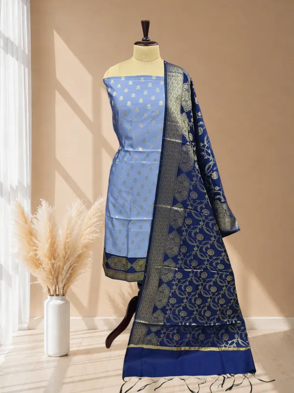 Beautiful_Contrast_Blue_Semi_Silk_3Pcs_Banarasi_Semi_Silk