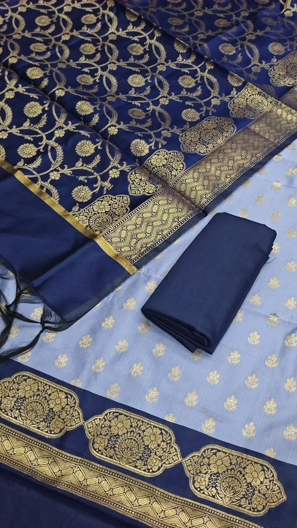 Beautiful_Contrast_Blue_Semi_Silk_3Pcs_Banarasi_Semi_Silk