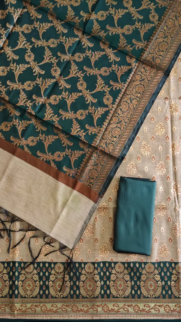 Banarasi_Cotton_Silk_3_Piece_Suit_Set_With_Contrast_Pallu_Bottle_Green_Banarasi_Cotton_Silk