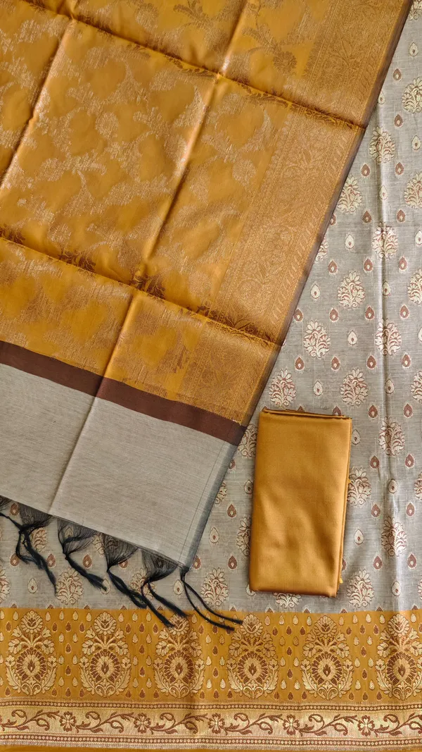 Designer_Banarasi_Cotton_Silk_3_Pcs_Suit_With_Contrast_Pallu_Mustard_Banarasi_Cotton_Silk