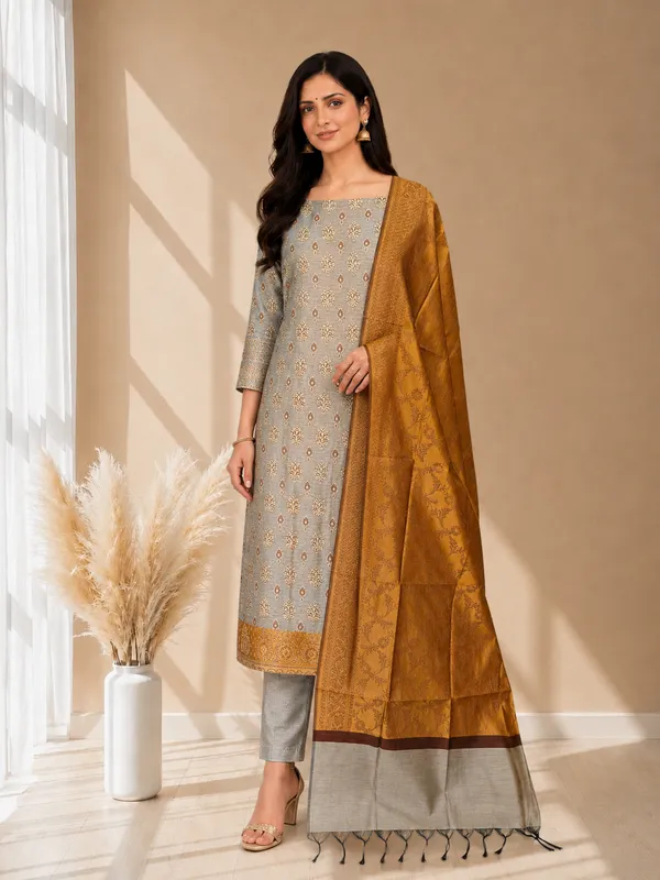 Designer_Banarasi_Cotton_Silk_3_Pcs_Suit_With_Contrast_Pallu_Mustard_Banarasi_Cotton_Silk