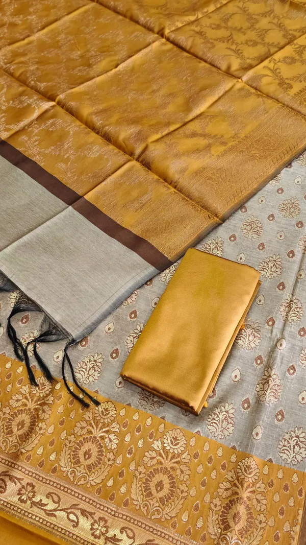 Designer_Banarasi_Cotton_Silk_3_Pcs_Suit_With_Contrast_Pallu_Mustard_Banarasi_Cotton_Silk