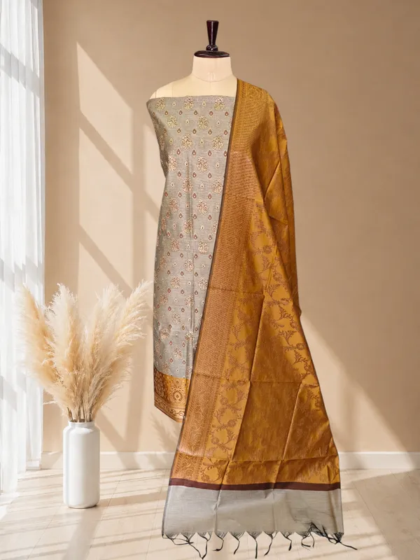Designer_Banarasi_Cotton_Silk_3_Pcs_Suit_With_Contrast_Pallu_Mustard_Banarasi_Cotton_Silk