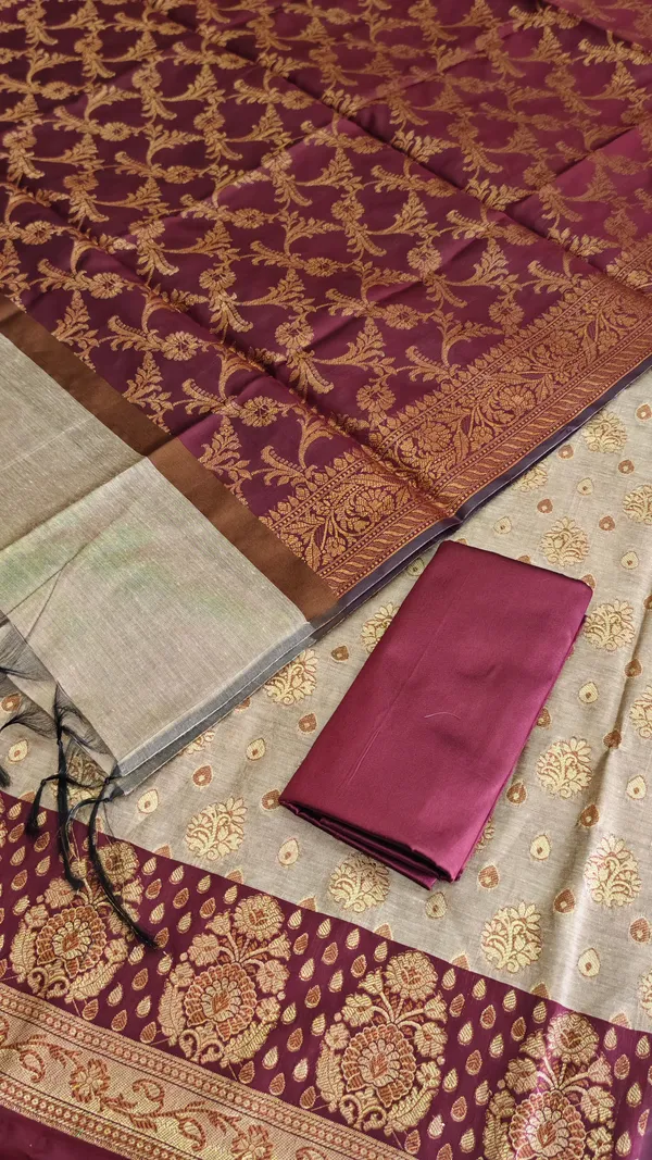 Banarasi_Weaving_Cotton_Silk_3_Pcs_Suit_With_Contrast_Pallu_Wine_Banarasi_Cotton_Silk