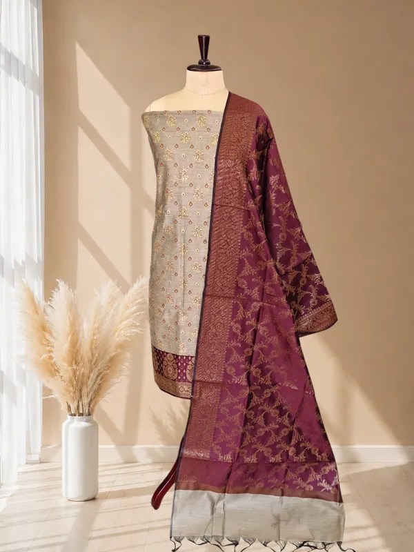 Banarasi_Weaving_Cotton_Silk_3_Pcs_Suit_With_Contrast_Pallu_Wine_Banarasi_Cotton_Silk