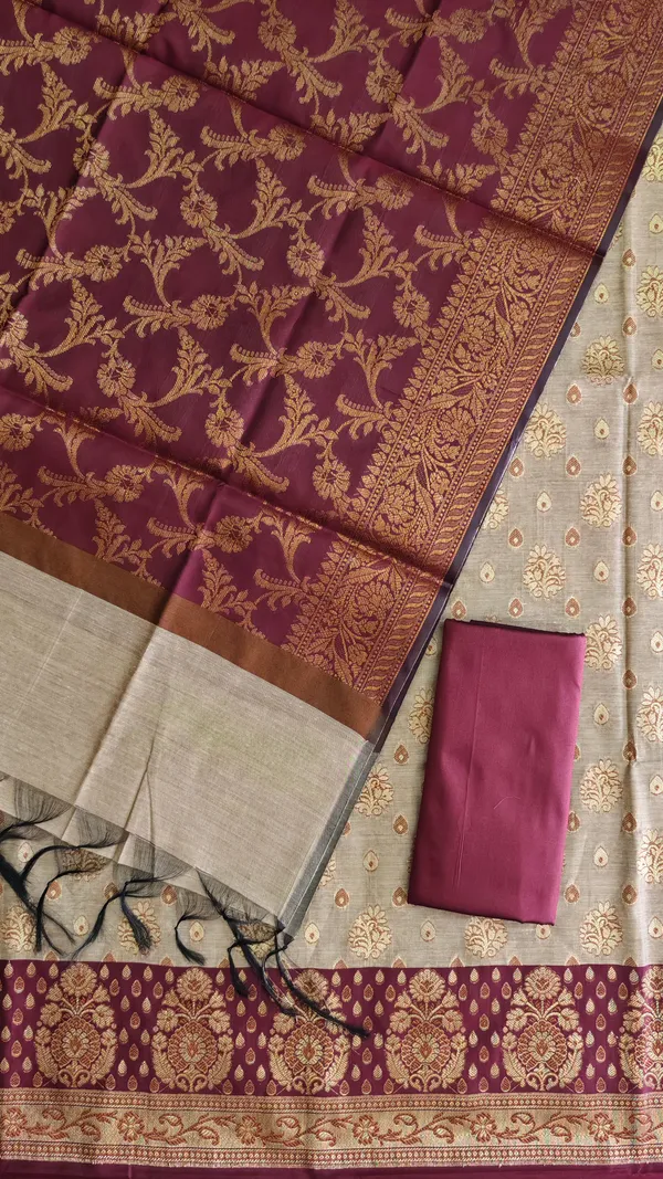 Banarasi_Weaving_Cotton_Silk_3_Pcs_Suit_With_Contrast_Pallu_Wine_Banarasi_Cotton_Silk