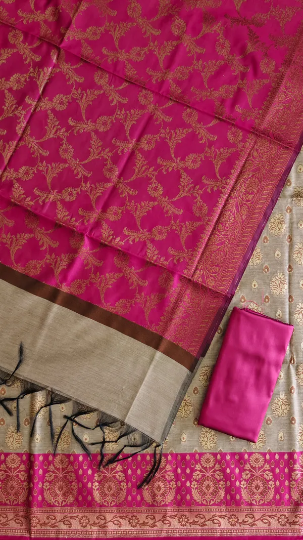 New_Arrival_Banarasi_Cotton_Silk_3_Piece_Suit_With_Contrast_Pallu_Rani_Banarasi_Cotton_Silk