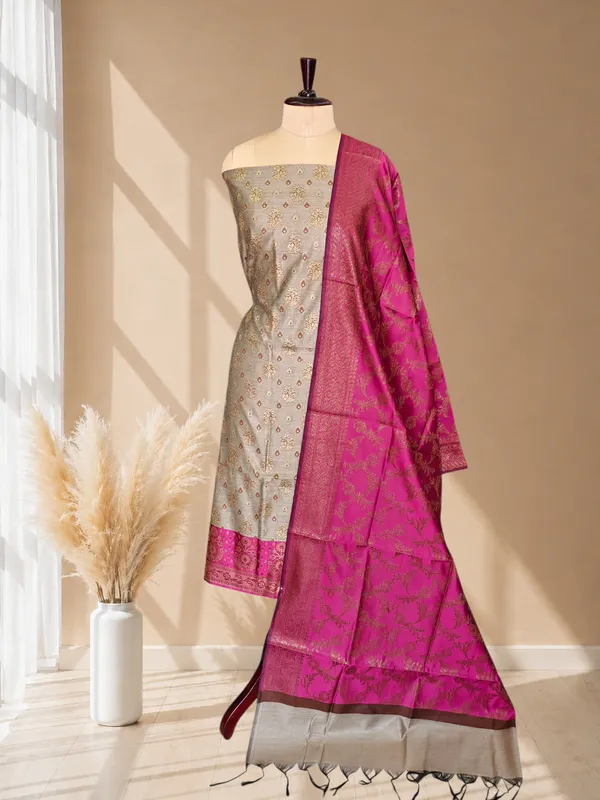 New_Arrival_Banarasi_Cotton_Silk_3_Piece_Suit_With_Contrast_Pallu_Rani_Banarasi_Cotton_Silk