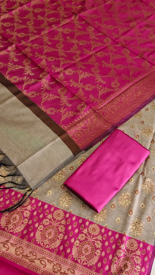 New_Arrival_Banarasi_Cotton_Silk_3_Piece_Suit_With_Contrast_Pallu_Rani_Banarasi_Cotton_Silk