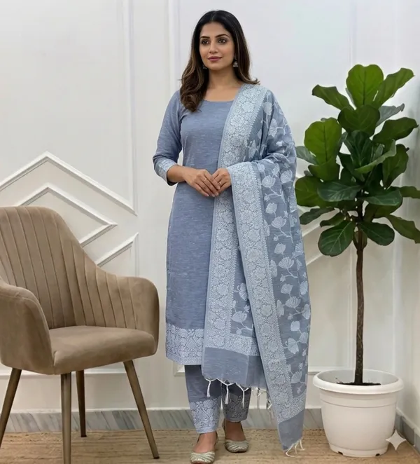 Beautiful_Banarasi_Linen_Soft_Silk_Suit_With_Dusty_Steel_Blue_Linen