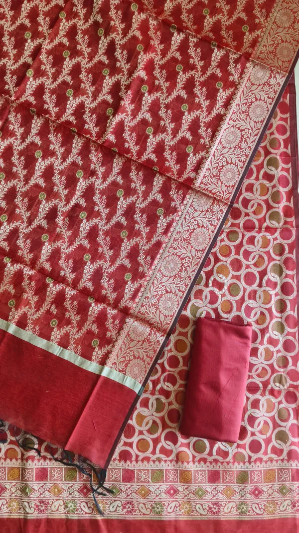 Banarasi_Cotton_Meena_3_Piece_Suit_Set_for_Women_|_With_Red_Color