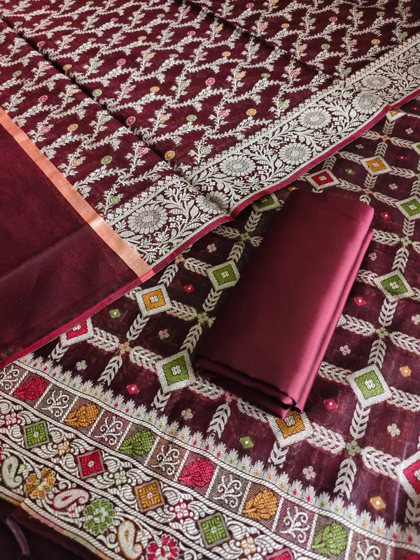 Elegant_Banarasi_Cotton_Silk_Meena_3_Piece_Suit_Wine_Color
