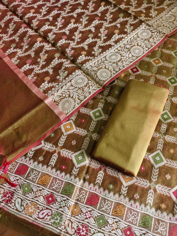 Elegant_Banarasi_Cotton_Silk_Meena_3_Piece__Suit_Mehendi_Color
