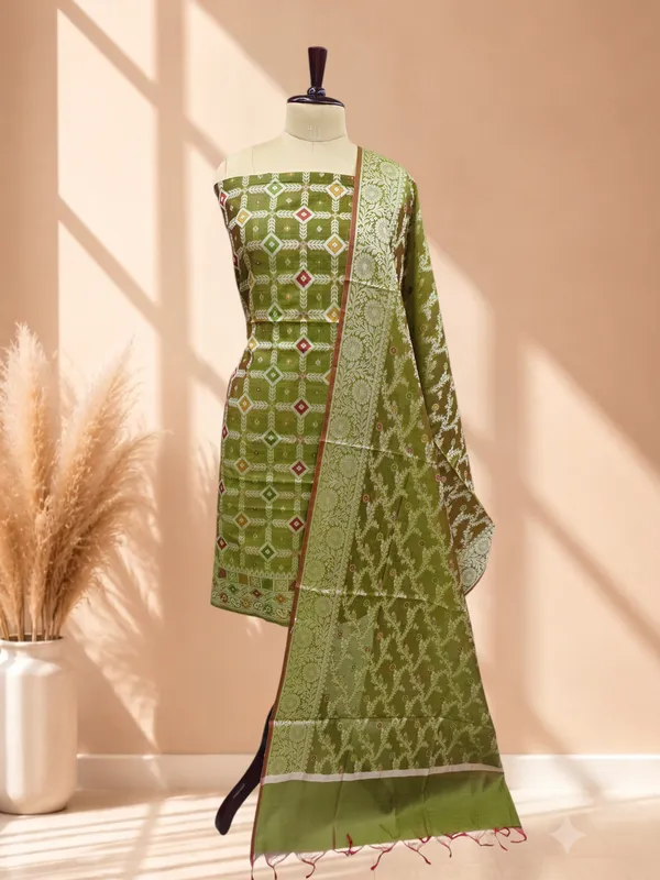 Elegant_Banarasi_Cotton_Silk_Meena_3_Piece__Suit_Mehendi_Color