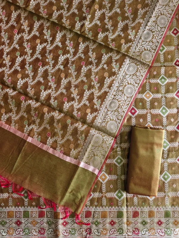 Elegant_Banarasi_Cotton_Silk_Meena_3_Piece__Suit_Mehendi_Color