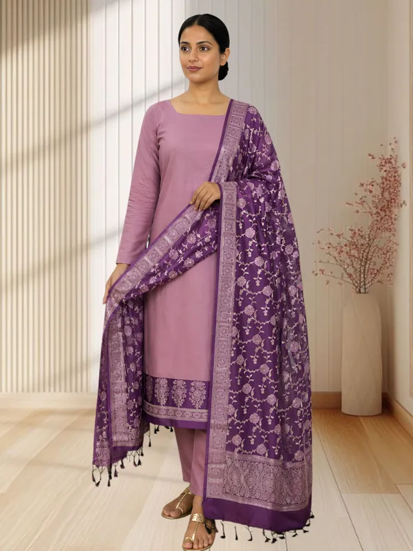 Luxury_Soft_Silk_Banarasi_3_Pcs_Suit_With_Dusty_Rose_Pink_Contrast_Royal_Mauve_Purple_Banarasi_Soft_Semi_Silk