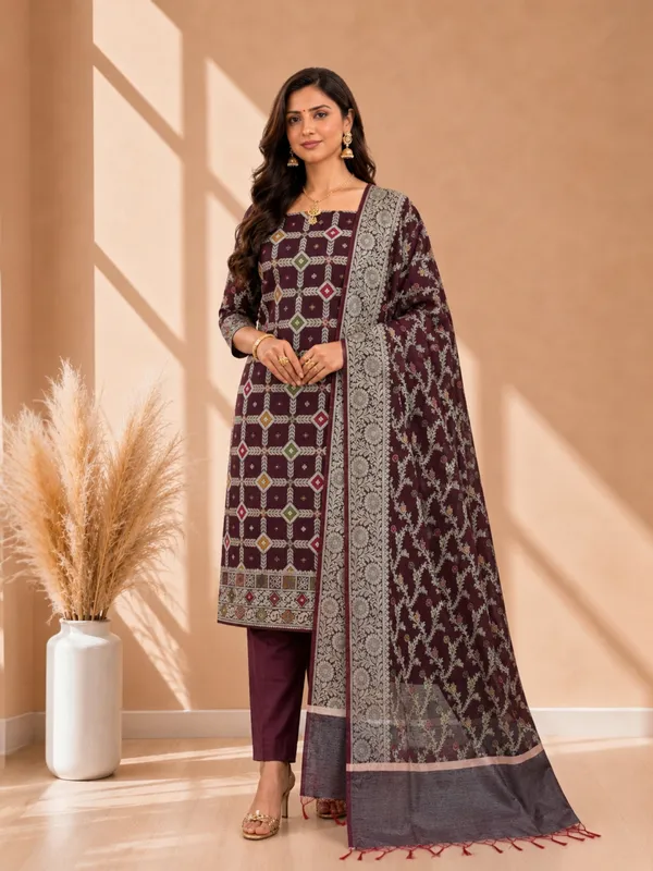 Elegant_Banarasi_Cotton_Silk_Meena_3_Piece_Suit_Wine_Color