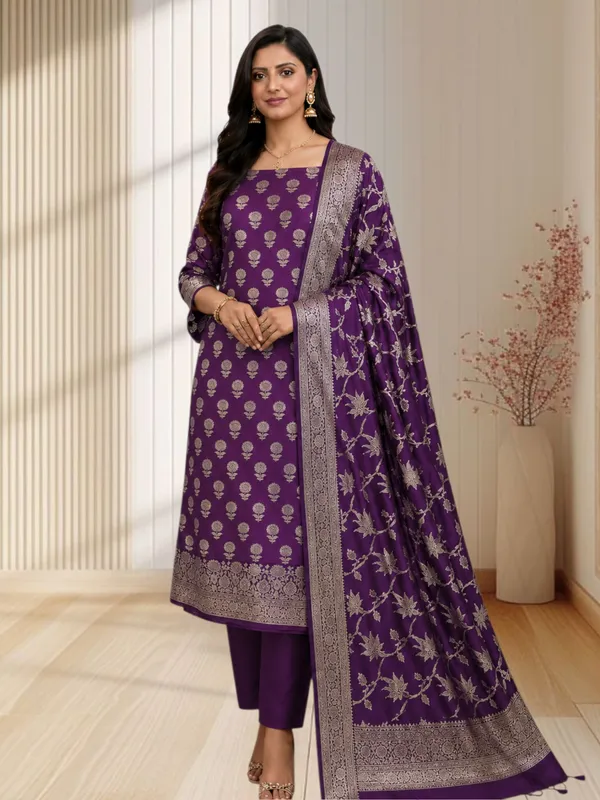 Party_Wear_Banarasi_Silk_Suit_3_Piece_With_Magenta_Banarasi_Silk