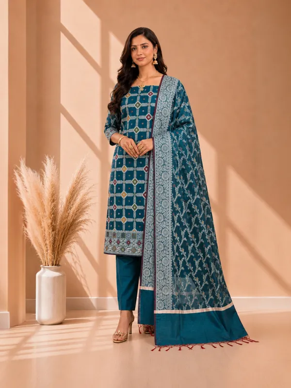 Elegant_Banarasi_Cotton_Silk_Meena_3_Piece_Suit_Rama_Color
