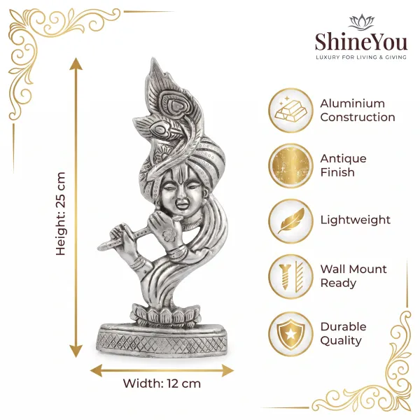 ShineYou_Premium_Aluminium_Krishna_Wall_Décor_|_Antique_Silver_Finish_Lord_Krishna_Flute_Wall_Hanging_|_Handcrafted_Decorative_Wall_Sculpture_for_Home,_Pooja_Room_&_Living_Room