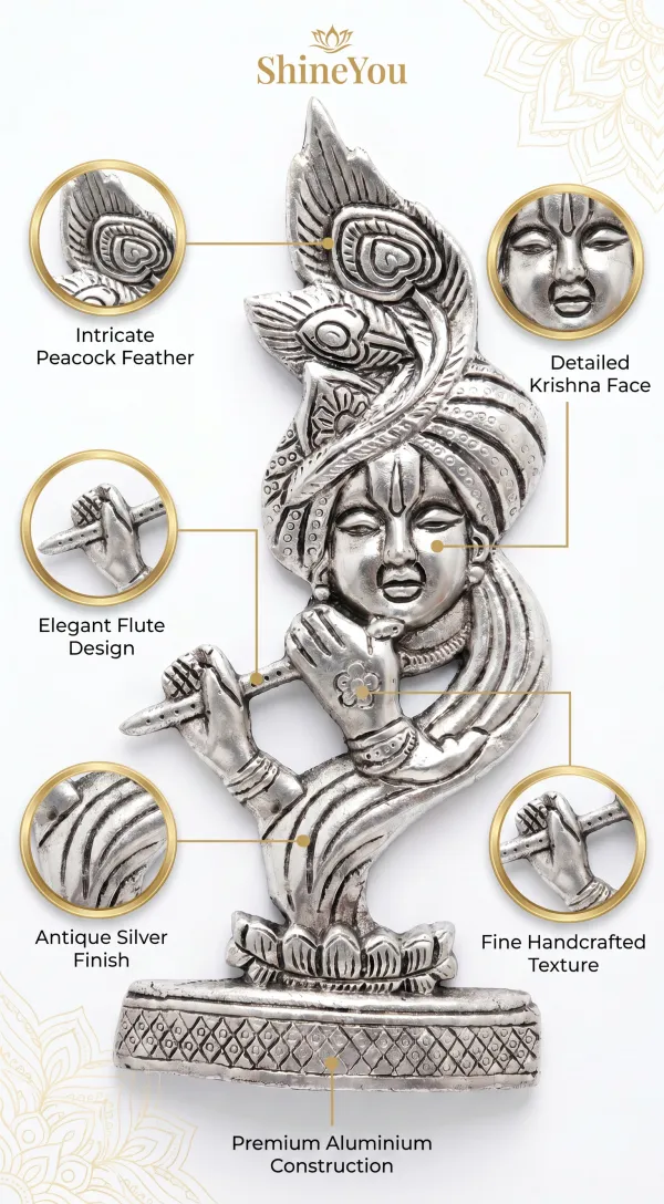 ShineYou_Premium_Aluminium_Krishna_Wall_Décor_|_Antique_Silver_Finish_Lord_Krishna_Flute_Wall_Hanging_|_Handcrafted_Decorative_Wall_Sculpture_for_Home,_Pooja_Room_&_Living_Room