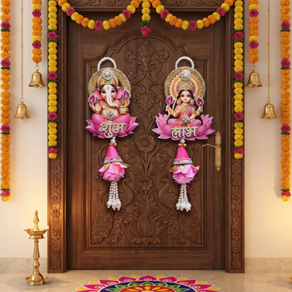 ShineYou_Premium_Ganesh_Lakshmi_Shubh_Labh_Door_Hanging_Set_|_28_cm_Pair_with_Lord_Ganesha_&_Goddess_Lakshmi,_Lotus,_Pink_Floral_Tassels_&_Pearl_Work_|_Diwali,_Pooja_&_Main_Door_Decoration