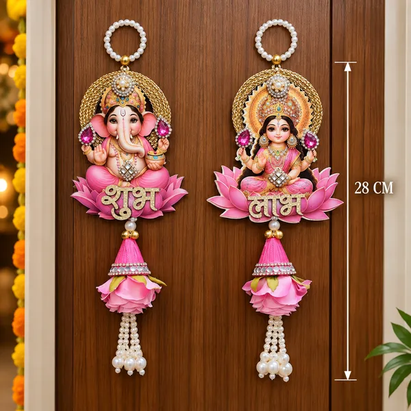 ShineYou_Premium_Ganesh_Lakshmi_Shubh_Labh_Door_Hanging_Set_|_28_cm_Pair_with_Lord_Ganesha_&_Goddess_Lakshmi,_Lotus,_Pink_Floral_Tassels_&_Pearl_Work_|_Diwali,_Pooja_&_Main_Door_Decoration
