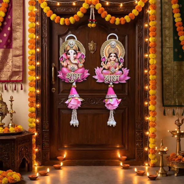 ShineYou_Premium_Ganesh_Lakshmi_Shubh_Labh_Door_Hanging_Set_|_28_cm_Pair_with_Lord_Ganesha_&_Goddess_Lakshmi,_Lotus,_Pink_Floral_Tassels_&_Pearl_Work_|_Diwali,_Pooja_&_Main_Door_Decoration