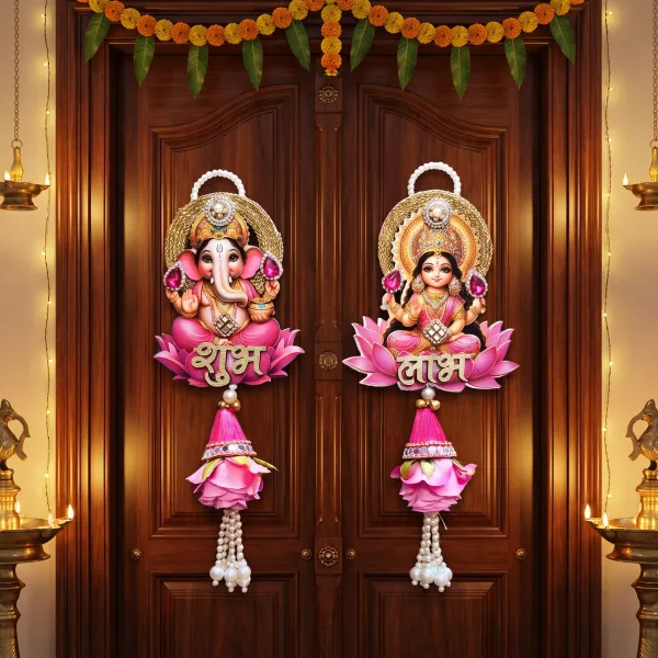 ShineYou_Premium_Ganesh_Lakshmi_Shubh_Labh_Door_Hanging_Set_|_28_cm_Pair_with_Lord_Ganesha_&_Goddess_Lakshmi,_Lotus,_Pink_Floral_Tassels_&_Pearl_Work_|_Diwali,_Pooja_&_Main_Door_Decoration