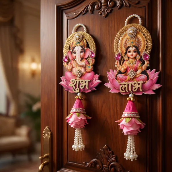ShineYou_Premium_Ganesh_Lakshmi_Shubh_Labh_Door_Hanging_Set_|_28_cm_Pair_with_Lord_Ganesha_&_Goddess_Lakshmi,_Lotus,_Pink_Floral_Tassels_&_Pearl_Work_|_Diwali,_Pooja_&_Main_Door_Decoration
