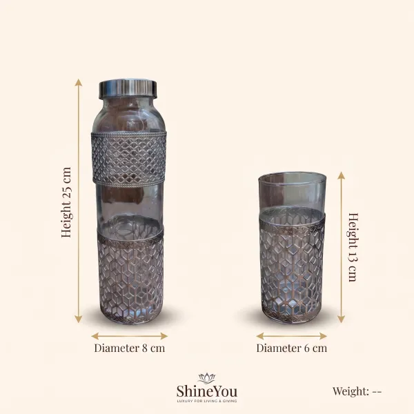 ShineYou_Premium_Glass_Water_Bottle_&_2_Glasses_Gift_Set_with_Decorative_Silver_Lattice_Sleeve