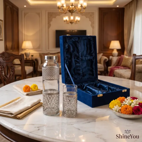 ShineYou_Premium_Glass_Water_Bottle_&_2_Glasses_Gift_Set_with_Decorative_Silver_Lattice_Sleeve
