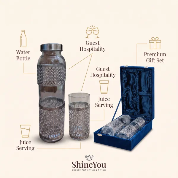 ShineYou_Premium_Glass_Water_Bottle_&_2_Glasses_Gift_Set_with_Decorative_Silver_Lattice_Sleeve