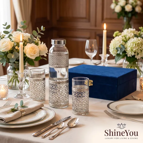 ShineYou_Premium_Glass_Water_Bottle_&_2_Glasses_Gift_Set_with_Decorative_Silver_Lattice_Sleeve