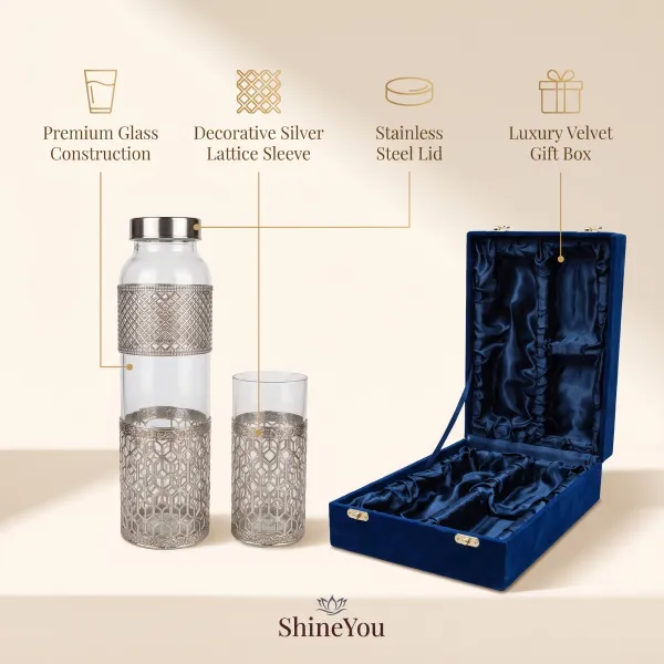 ShineYou_Premium_Glass_Water_Bottle_&_2_Glasses_Gift_Set_with_Decorative_Silver_Lattice_Sleeve