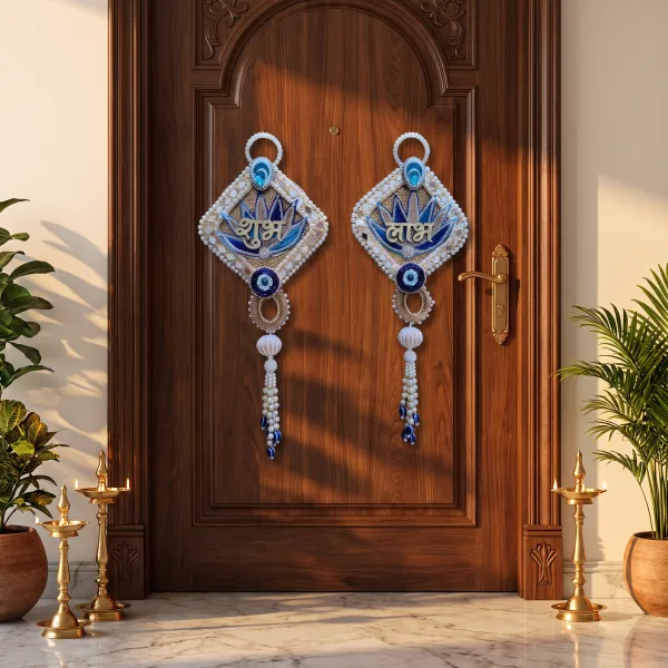 ShineYou_Premium_Shubh_Labh_Door_Hanging_Set_|_Pair_of_Shubh_&_Labh_Decorative_Door_Hangings_with_Pearl_Beadwork_&_Tassels_|_Blue_&_White_Auspicious_Entrance_Décor_for_Home,_Mandir_&_Festivals