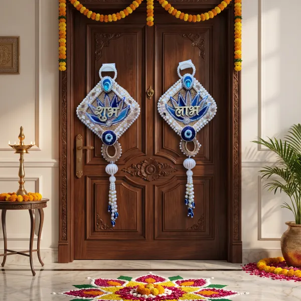 ShineYou_Premium_Shubh_Labh_Door_Hanging_Set_|_Pair_of_Shubh_&_Labh_Decorative_Door_Hangings_with_Pearl_Beadwork_&_Tassels_|_Blue_&_White_Auspicious_Entrance_Décor_for_Home,_Mandir_&_Festivals
