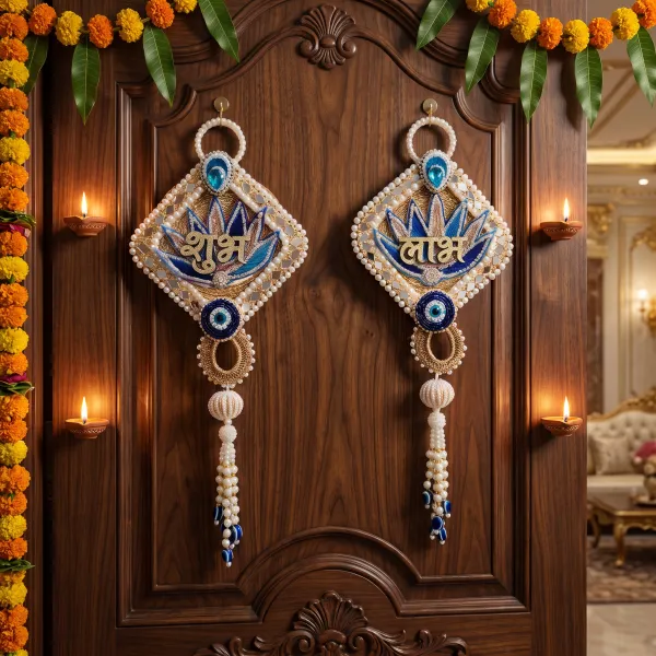 ShineYou_Premium_Shubh_Labh_Door_Hanging_Set_|_Pair_of_Shubh_&_Labh_Decorative_Door_Hangings_with_Pearl_Beadwork_&_Tassels_|_Blue_&_White_Auspicious_Entrance_Décor_for_Home,_Mandir_&_Festivals