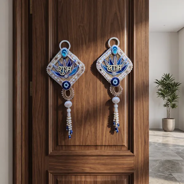 ShineYou_Premium_Shubh_Labh_Door_Hanging_Set_|_Pair_of_Shubh_&_Labh_Decorative_Door_Hangings_with_Pearl_Beadwork_&_Tassels_|_Blue_&_White_Auspicious_Entrance_Décor_for_Home,_Mandir_&_Festivals