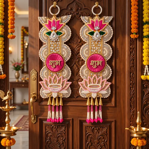 ShineYou_Premium_Shubh_Labh_Lotus_Door_Hanging_Set_|_Pair_of_Shubh_&_Labh_Decorative_Door_Hangings_with_Lotus,_Diya,_Pearl_Work_&_Tassels_|_Traditional_Entrance_Décor_for_Home,_Mandir_&_Festivals
