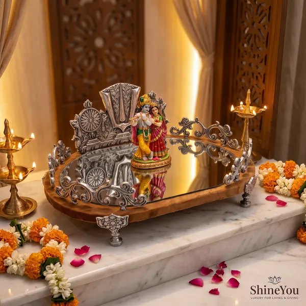 ShineYou_Premium_Silver_Balaji_Decorative_Mirror_Tray_with_Wooden_Base