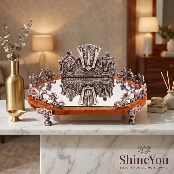 ShineYou_Premium_Silver_Balaji_Decorative_Mirror_Tray_with_Wooden_Base