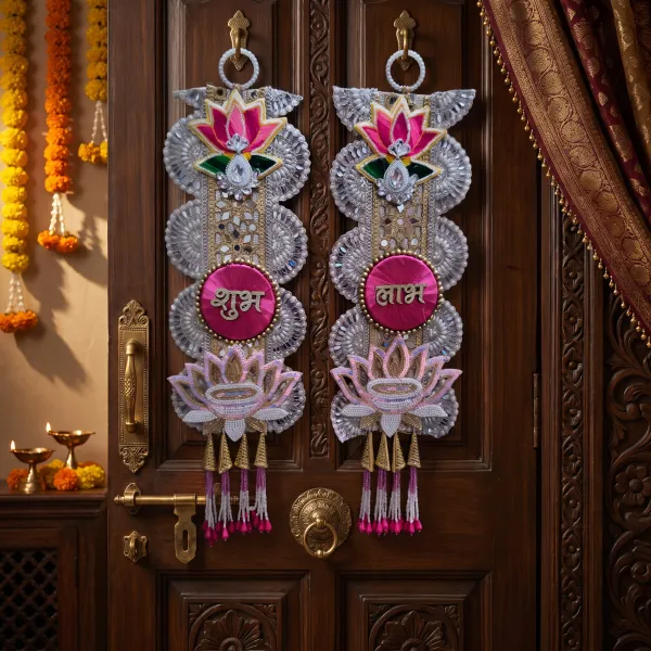 ShineYou_Premium_Shubh_Labh_Lotus_Door_Hanging_Set_|_Pair_of_Shubh_&_Labh_Decorative_Door_Hangings_with_Lotus,_Diya,_Pearl_Work_&_Tassels_|_Traditional_Entrance_Décor_for_Home,_Mandir_&_Festivals