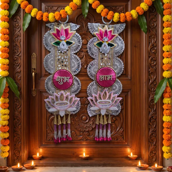 ShineYou_Premium_Shubh_Labh_Lotus_Door_Hanging_Set_|_Pair_of_Shubh_&_Labh_Decorative_Door_Hangings_with_Lotus,_Diya,_Pearl_Work_&_Tassels_|_Traditional_Entrance_Décor_for_Home,_Mandir_&_Festivals