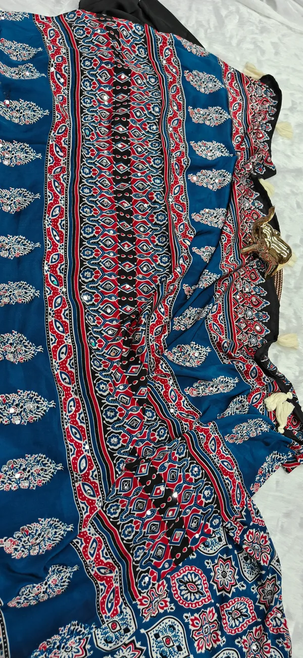 Blue_Gajji_Satin_Ajrakh_Printed_Mirror_Work_Saree_For_Women