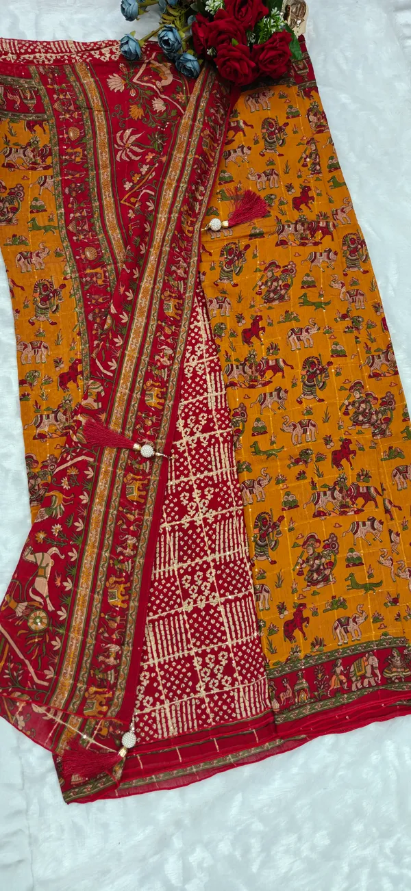 Mustard_Yellow_Red_Maslin_Silk_Sequin_Work_Saree_For_Women
