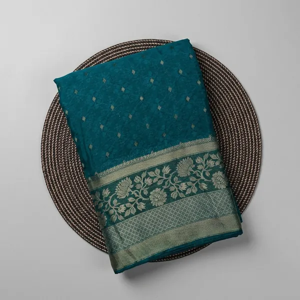 Teal_Chiffon_Georgette_Gold_Buti_Work_Saree_For_Women
